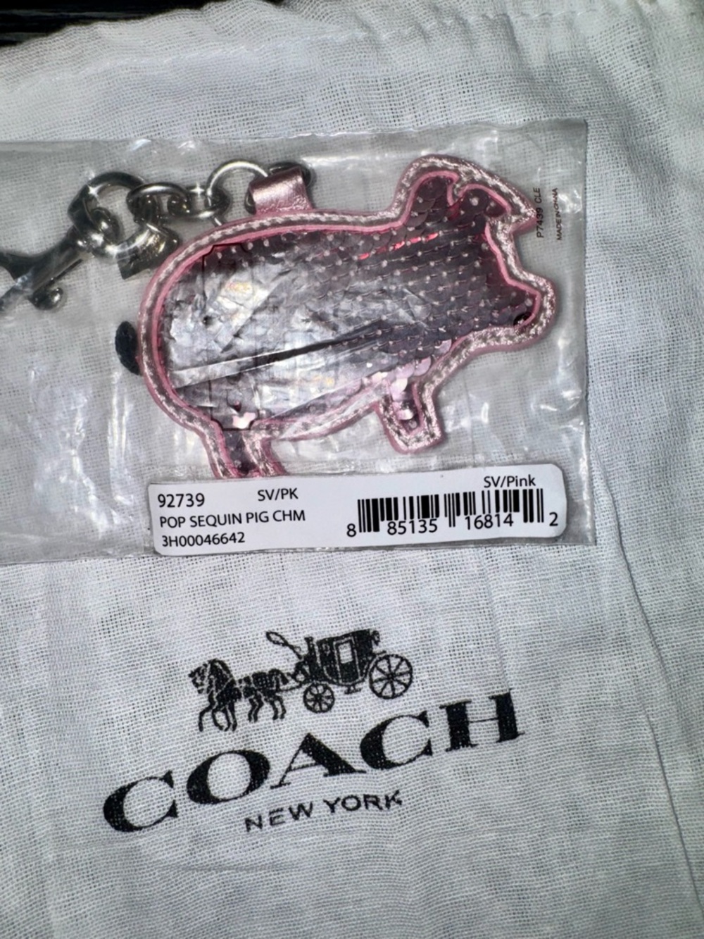 Coach Poppy Pig Bag Charm Keychain with Silver Hardware Pink Sequin - New in Bag - Picture 8 of 15